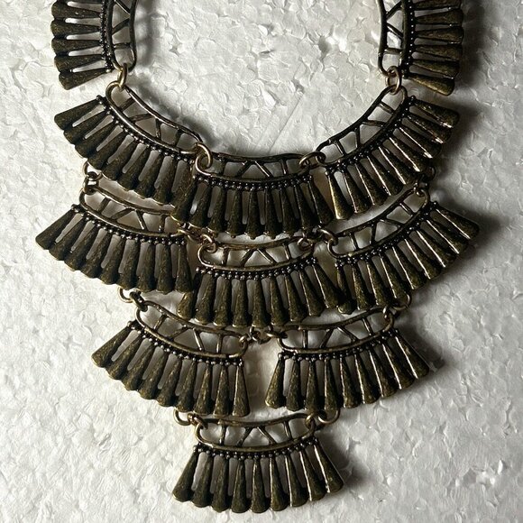 Golden Antique Brass Statement Fan Design Necklace Art Deco Unique Boho Y2K Vint - Picture 5 of 9